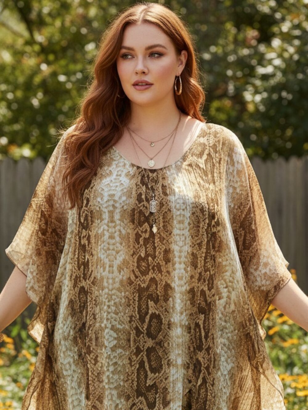Dots 3X Poncho Top Tan Brown Snake Animal Print Boho Flowy Indie Festival Chic